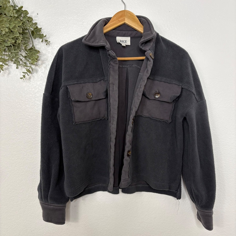 BKE Women's Charcoal Sherpa Shirt Jacket Button Up Pockets Size S